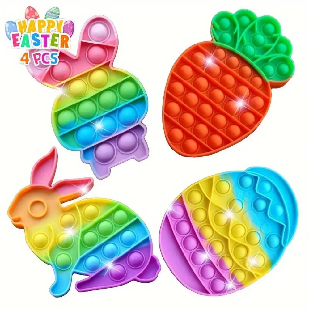 Party Games Easter Egg - ชุดของเล่นกดฟองสบู่รูปไข่กระต่ายอีสเตอร์และแครอท 4 ชิ้น สำหรับงานปาร์ตี้วันเกิด อีสเตอร์ งานรื่นเริง